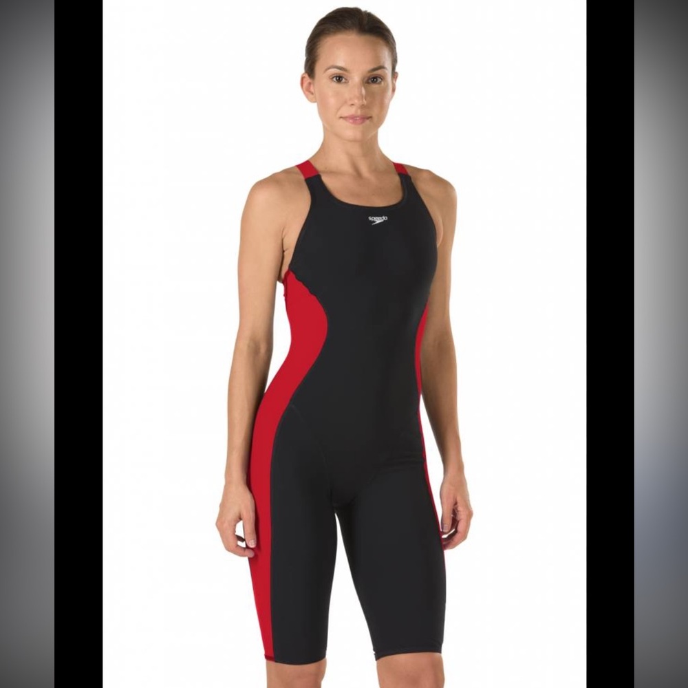 Speedo Women's Black and Red PowerPLUS Kneeskin Swim Suit